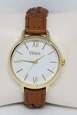Ladies Vivan Round Gold Tone Brown Braided Faux Leather Band Analog Watch E1  - Image 1 of 4
