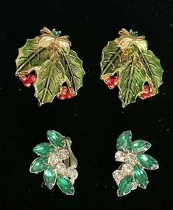 Vintage MCM Rhinestone & Enamel Christmas Holiday Clip On Earrings 2 Pair - Picture 1 of 9