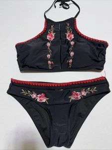 Vtg Betsey Johnson Y2K Black Embroidered 2 Piece Bikini Swimsuit Bottom S Top M - Picture 1 of 24