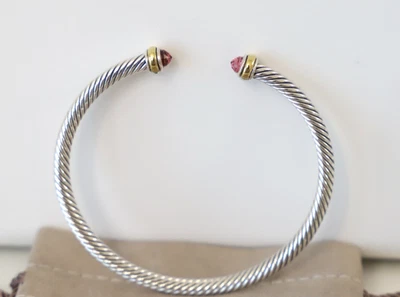 David Yurman Sterling Silver 4mm Cable Bracelet Tourmaline 18k Gold size Medium - Image 1 of 4