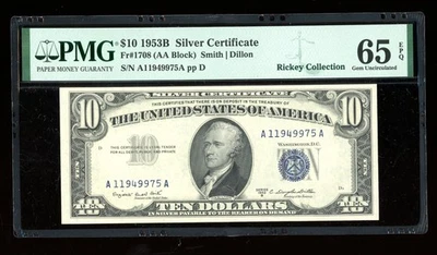 DBR 1953-B $10 Silver Fr. 1708 Gem PMG 65 EPQ Serial A11949975A - Image 1 of 2