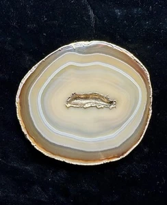 Vintage poliert geschliffen Achat Geode Platte Gürtelschnalle Goldrand - Bild 1 von 10