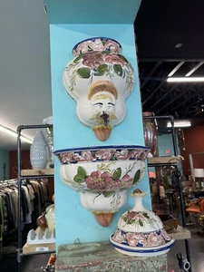 ULTRA RARE Arcer Hand Painted Lavabo Wash Basin Floral Man Mouth Fountain - Picture 1 of 11