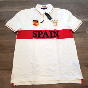 NWT Tommy Hilfiger Mens XL Short Sleeve Polo Shirt Spain Embroidered Patch Logo - Picture 1 of 9