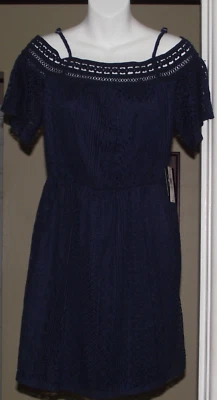 New By & By Medium navy blue lace lined dress cold shoulder adjustable $60 - Image 1 of 3