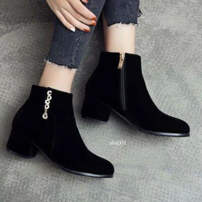 Para mujeres Botines Gruesos Tacón Cachorro Damas Cremallera Zapatos Pleuche Terciopelo Moda Foto 1 de 4