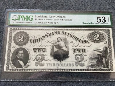 1860s Citizens' Bank of Louisiana, New Orleans $2 Two Dollars PMG Certified - Image 1 of 4