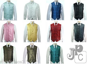 MEN'S XS to 6XL Paisley Tuxedo Suit Dress Vest Waistcoat & Neck tie Wedding Prom - Picture 1 of 18