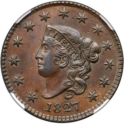1827 N-3 R-2 NGC AU 58 Matron or Coronet Head Large Cent Coin 1c - Image 1 of 3