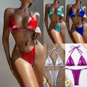 2025 Nuevo Sexy Bikini Mujer Correa Dividida Brillante Color Sólido Traje de Baño - Imagen 1 de 29