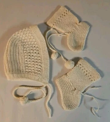 Conjunto de 3 piezas de punto vintage para bebé botines gorro ganchillo núcleo de cabaña retro Foto 1 de 4