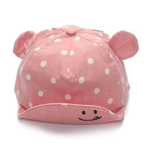 Pink Polka Dot Baby Infant Toddler Adj Cap Baseball Hat w Animal Ears Bear Smile - Picture 1 of 4