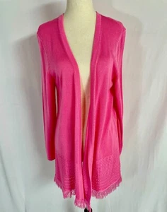 Talbots Noble Fringe Open Front Cardigan Sweater Petite Large Bubblegum Pink - Picture 1 of 7