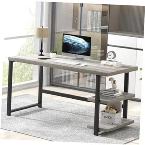 Computer Desk, Modern Home Office Desk with Shelves, Wood 53 inch Light Grey - Picture 1 of 7