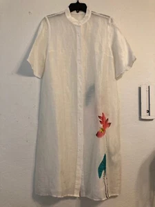 HIGHEST QUALITY DUSTER MULBERRY SILK WHITE HAND PAINTED GORGEOUS MIDI SZ LG NWOT - Picture 1 of 11