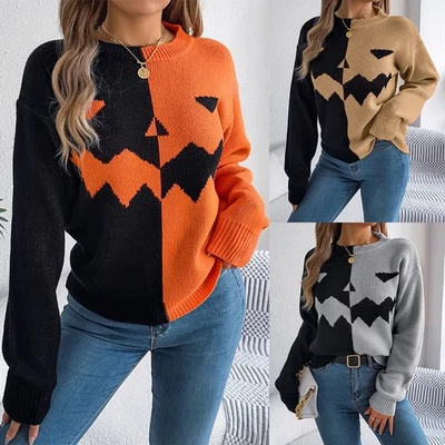 Lady Winter Halloween Ghost Patchwork Knitted Sweater Pullover Ugly Jumper Tops - Image 1 of 4