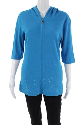 Top con capucha tejido gofre cremallera frontal azul talla grande Christine Alexander para mujer Foto 1 de 4