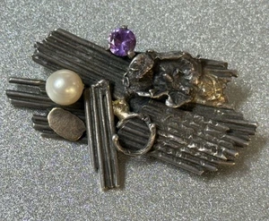 Vintage Brutalist Sterling 925 Pearl Purple Stone Brooch Pin (CJ-A4-1-3) - Picture 1 of 4