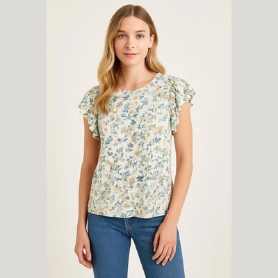 Blusa para mujer Daniel Rainn XL azul crema floral pájaro manga volantes Foto 1 de 4