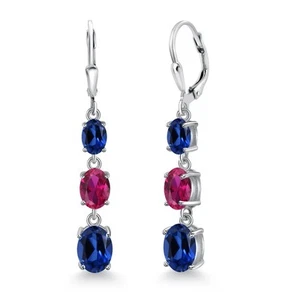 925 Sterling Silver Created Sapphire 3 Stone Dangle Earrings For Women (6.10 - Picture 1 of 6