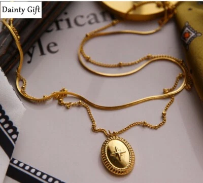 Mujer Titanio Acero Inoxidable Neptuno Oro Moneda Doble Cadena Collar 17-19.5" Foto 1 de 4