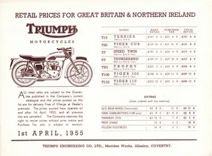 Triumph Motorcycles Price List 1955 Terrier Cub Trophy Thunderbird T110 Original - Picture 1 of 1