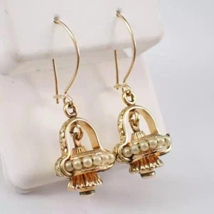 1Ct Round Cut Genuine White Pearl Vintage Dangle Earrings 14K Yellow Gold Plated - Picture 1 of 8
