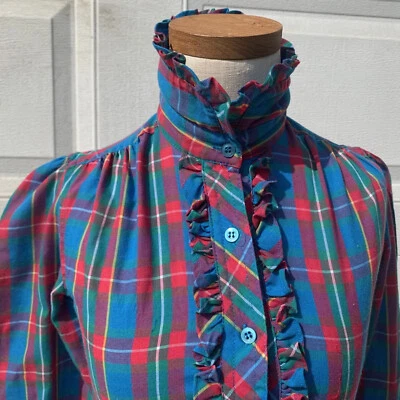 VINTAGE 1980s Multicolor Cotton Poly Plaid Ruffle Long Sleeve Girls Blouse 4-5 - Image 1 of 4