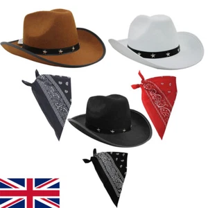 ADULTS COWBOY HAT & BANDANA SET WESTERN FANCY DRESS WILD WEST TV SHERIFF MEXICAN - Picture 1 of 11