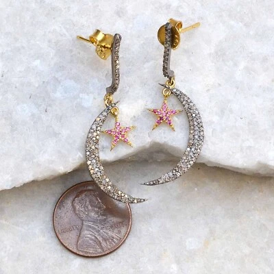 Pave Diamond Dangle Earrings Ruby Star Moon Earrings 925 Solid Silver Jewelry - Image 1 of 3