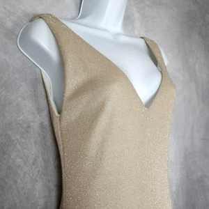 Vintage Y2K Maxi Dress Womens XS Tan Gold Metallic V Neck Long Knit Whimsy - Picture 1 of 23