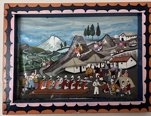 VTG Tigua Ecuador Folk Art Painting Wooden Frame Signed Wedding Festival Music - Picture 1 of 16
