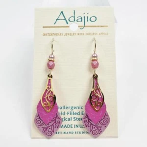 Adajio Earrings Hand Painted Pink Vine Pattern 3-Part Necktie Handmade in USA - Picture 1 of 4