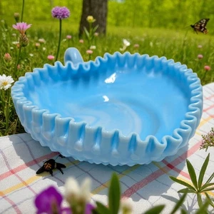 Vtg Fenton Hobnail Heart Bowl Dish Blue Slag Glass Rippled Ruffled Pinched Edged - Picture 1 of 13