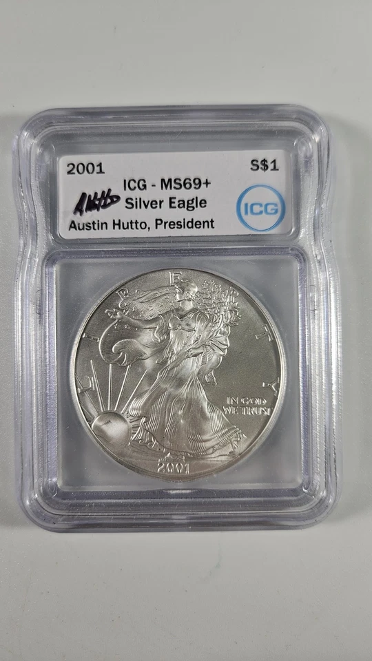 American Silver Eagle ICG 2001 PR 69+ DCAM - Nueva etiqueta blanca con Austin Hutto Sig Foto 1 de 2