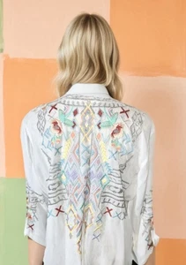 Johnny Was L Silky White Button Up Cool Embroidered Peasant Blouse Top Tunic - Picture 1 of 20