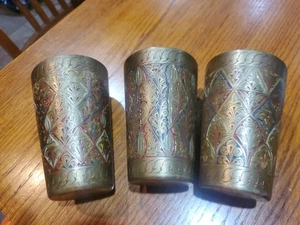 Brass India Engraved Etched Lassi Cup Tumbler Vintage Painted Trio - Picture 1 of 13