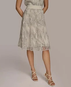 Donna Karan New York Women's Sequin Embellished Mesh A-Line Skirt Silver Beige M - Picture 1 of 8