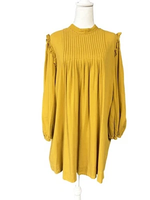 Anthropologie Shirt Womens Large Mustard Linen Blend Pleated Ruffle Tunic Top - Image 1 of 4