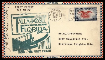 FIRST FLIGHT COVER  1938 AIRMAIL AM#39 TALLAHASSEE, FLORIDA - Image 1 of 2