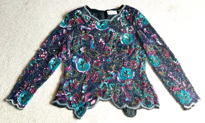 DE COLECCIÓN Mujer Top-NEGRO CORBATA OLEG CASSINI-azul/rosa cuentas seda vacaciones formal-L Foto 1 de 4