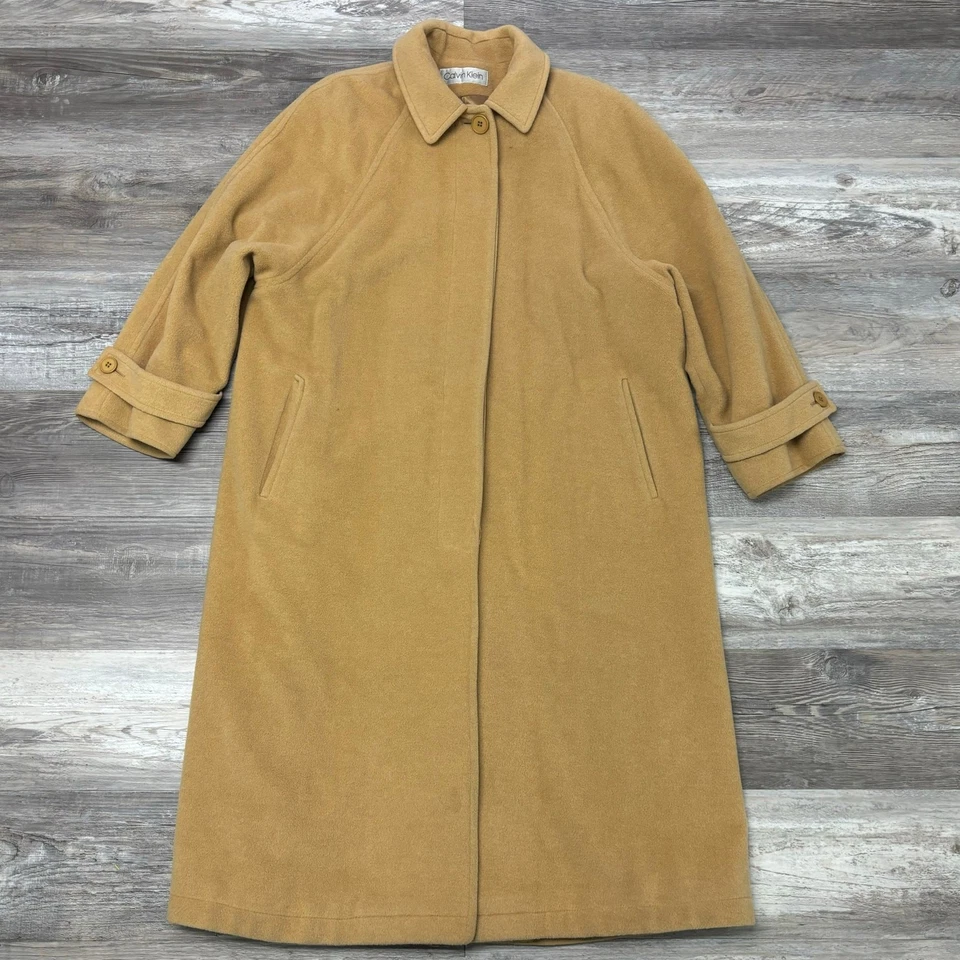 Vintage 80s Calvin Klein Tan Womens 10 Wool Long Trench Coat USA Union Made - Image 1 of 4