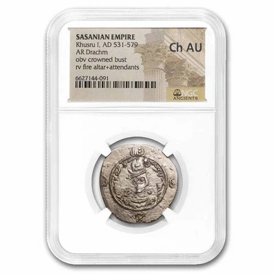 Imperio Sasánida AR Dracma Rey Khusru II (591-628 DC) Ch AU NGC Foto 1 de 3