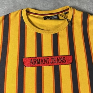 AJ Armani Jeans Shirt Men’s XL Crew Neck Pull Over Long Sleeve Stripes Yellow - Picture 1 of 8