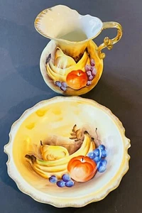 Hand Painted Miniature German Pitcher + Bowl Set W/ Still Life Fruit + Gold Trim - Picture 1 of 12