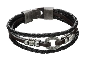 Fred Bennett Gents Stainless Steel & Leather Textured Multi Row Bracelet B5162 - Image 1 of 2