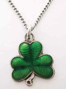 Collar de cadena colgante de plata 925 maciza hoja trébol guilloche esmalte verde de colección - Imagen 1 de 11