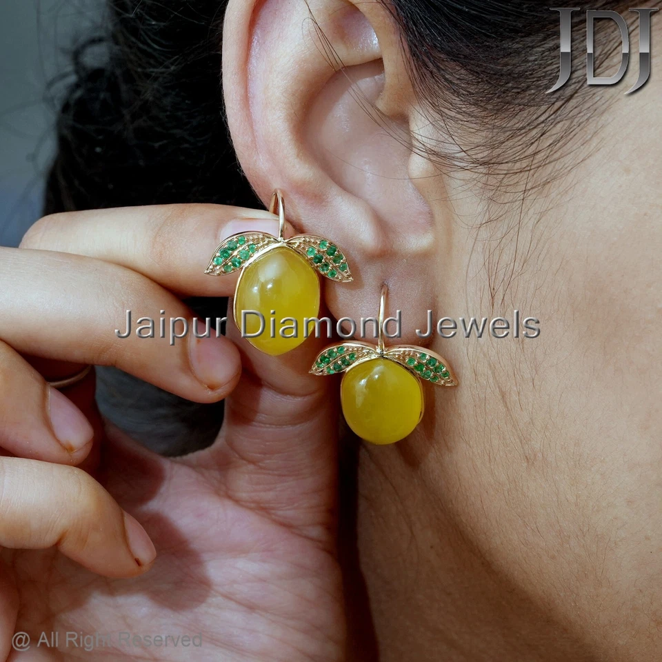 Aretes de oro amarillo de 14K con piedras preciosas de cuarzo limón esmeralda natural mango fruta Foto 1 de 4