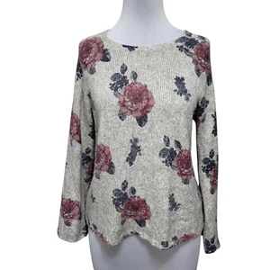 Lucky Brand L Rose Floral Pattern Knit Crochet Pullover Sweater Flare Sleeves - Picture 1 of 7