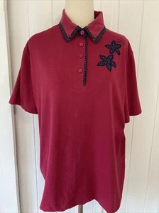 Givoni Classic size 16 Burgindy polo Contrast tartan collar applique flowers - Picture 1 of 12